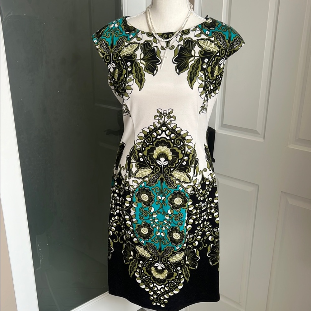 Maggy London White and Black Sheath Dress with Flutter Sleeves
